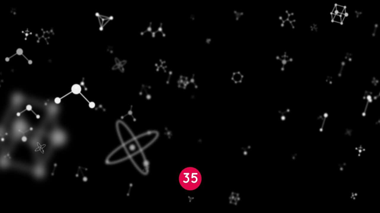 увеличение числа на круглом красном флаге над молекулярными структурами, плавающими на черном фоне