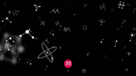 Increasing numbers on round red banner over molecular structures floating against black background