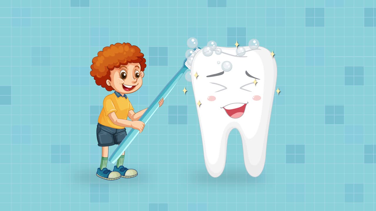 Curly-haired animated boy cheerfully brushes a smiling cartoon tooth with bubbly foam in bathroom
