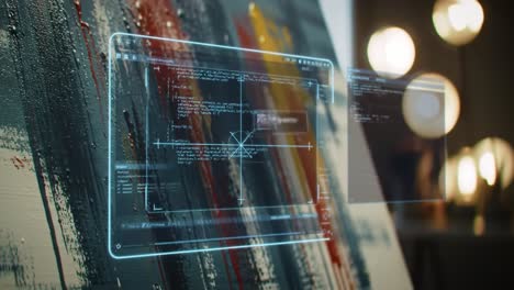 a futuristic digital interface overlays an artistic canvas, merging technology and art in a visually striking display of code and creativity