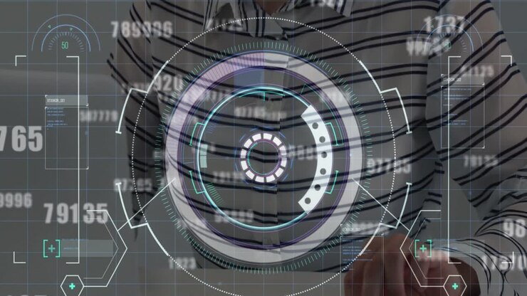 Animation of scope scanning and data processing over caucasian woman using smartphone