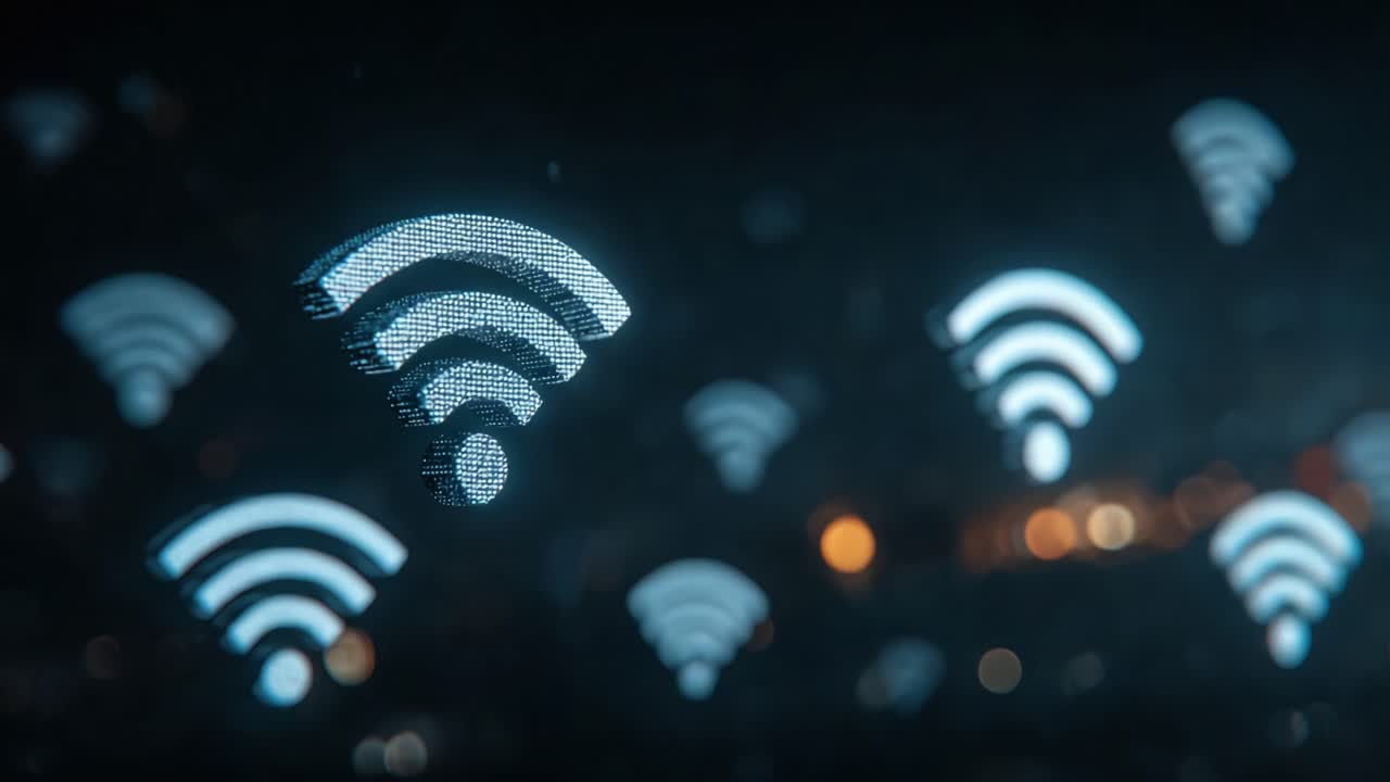 Illuminated Wi-Fi Signals: A Dynamic Display of Wireless Connectivity Symbols in a Futuristic Digital Environment
