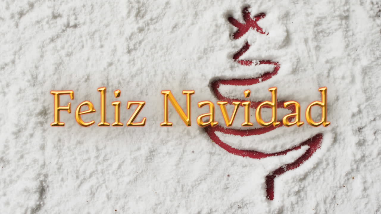 animación de feliz navidad texto sobre árbol de navidad dibujado en fondo de nieve