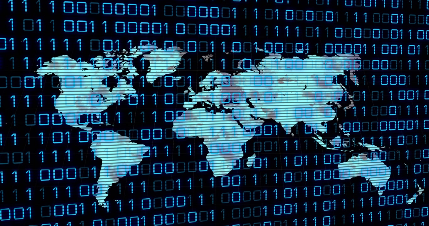 Stylized world map brightening as scan-line sweep triggers binary grid pulsing to show data