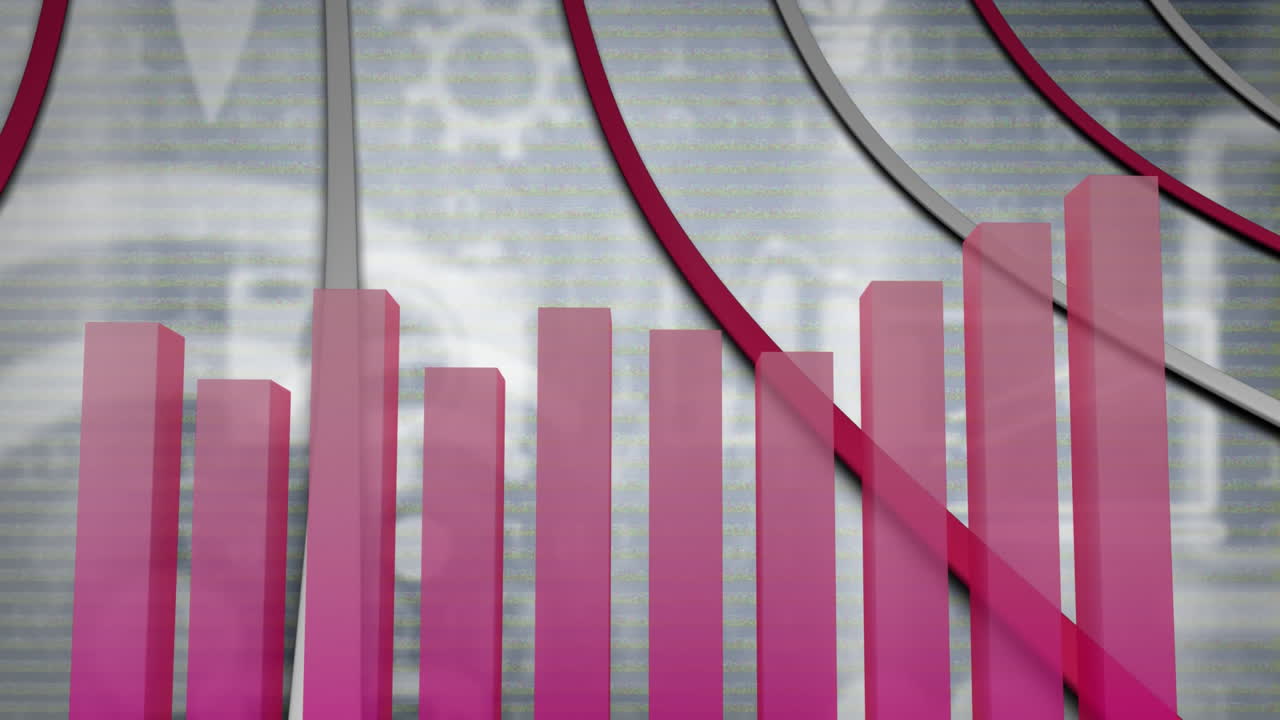 animación de flechas rojas y grises con un gráfico rojo sobre iconos sociales y tecnológicos