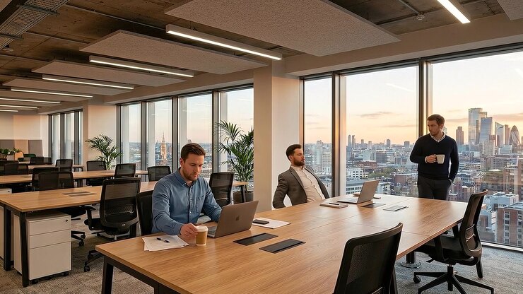 Profesionales de negocios que trabajan en oficinas modernas con vista al horizonte de la ciudad