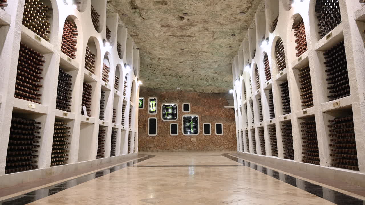 CRICOVA, MOLDOVA - 10 OCTOBER, 2021: Cricova cellars and wine collection rooms gallery with bottles