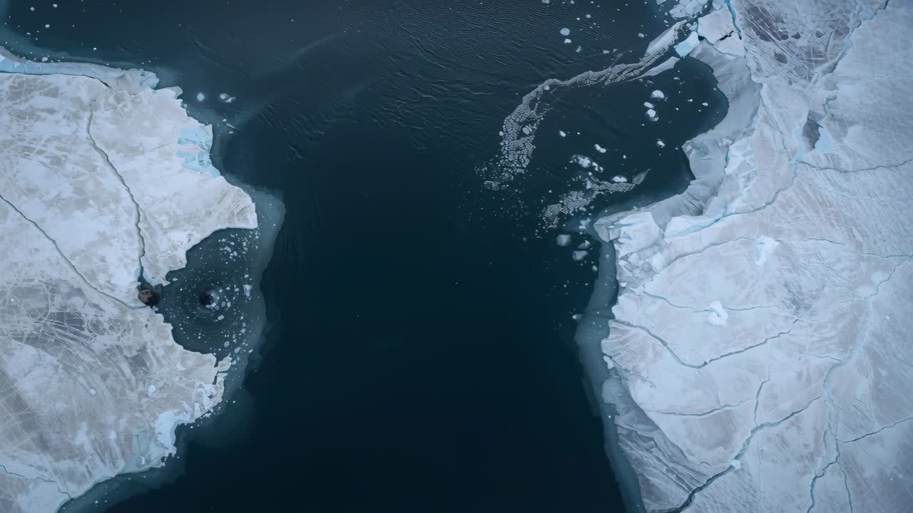 Vista aerea avanzata che rivela uno stretto fiordo di acqua scura tra coste polari che mostrano banchise
