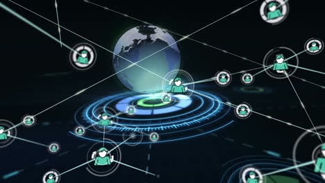 network of profile icons against spinning globe over round scanner on black background