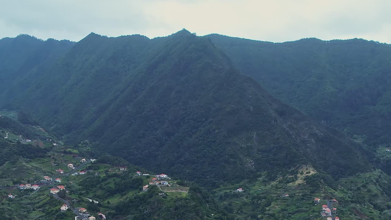 Stunning aerial view of Madeira mountains and village in Portugal