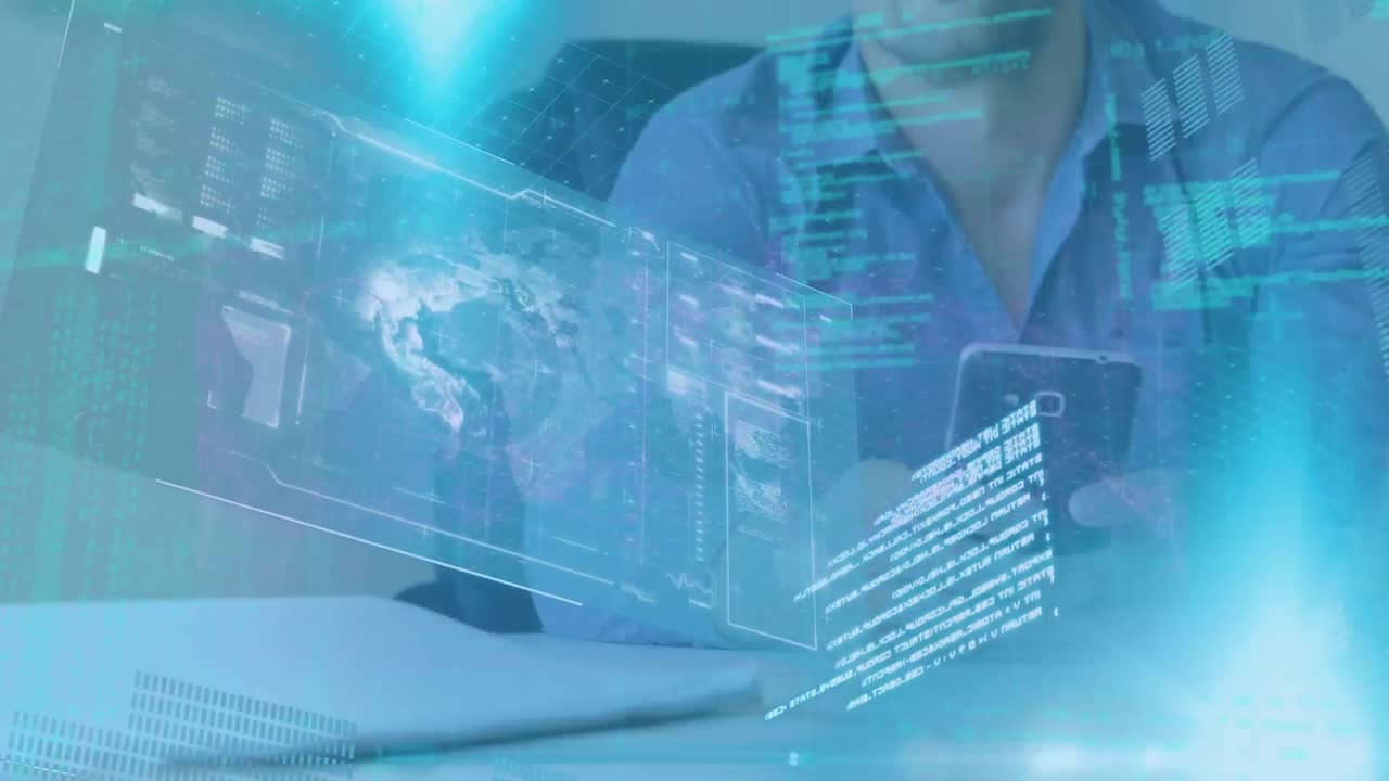 animación del procesamiento de datos y el globo sobre el hombre caucásico usando un teléfono inteligente