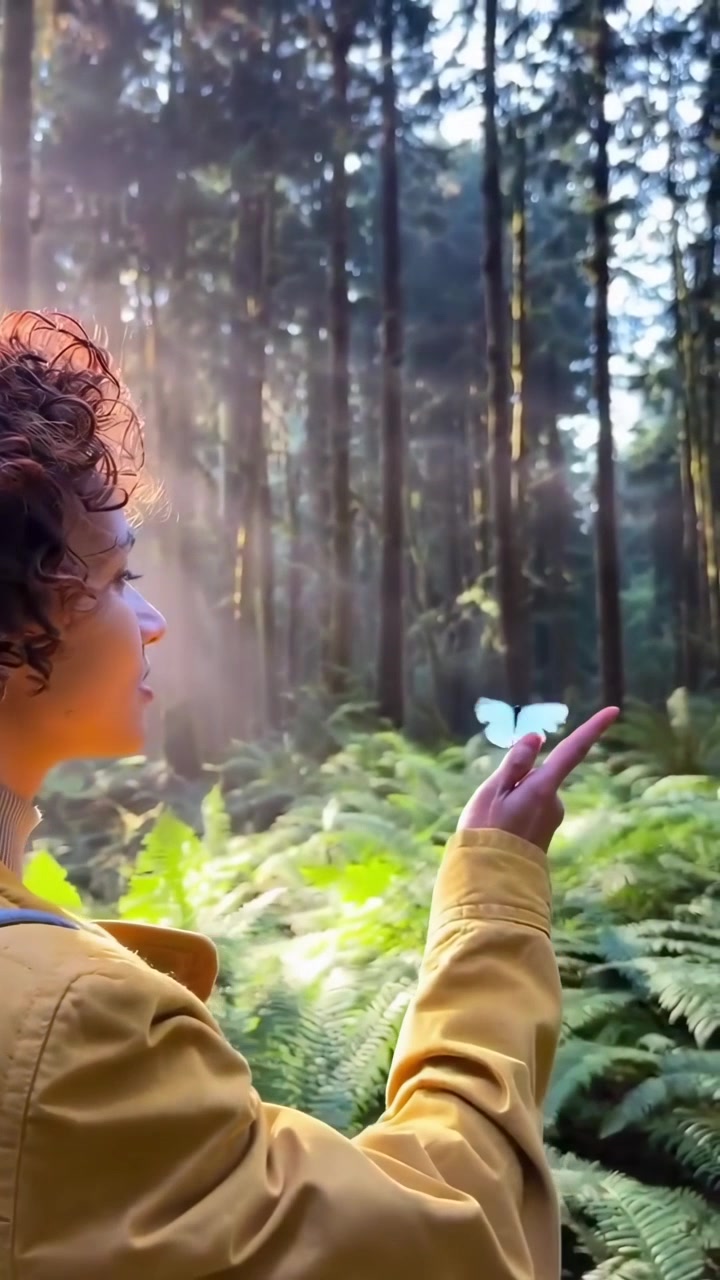 Jovem Mulher com uma Borboleta em uma Floresta Ensolarada