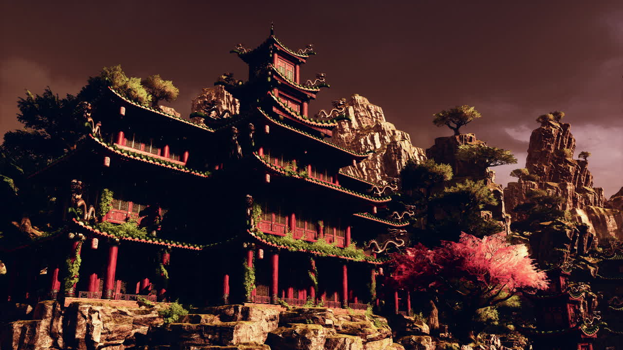 Magnificent asian temple nestled in rugged mountains with vibrant foliage