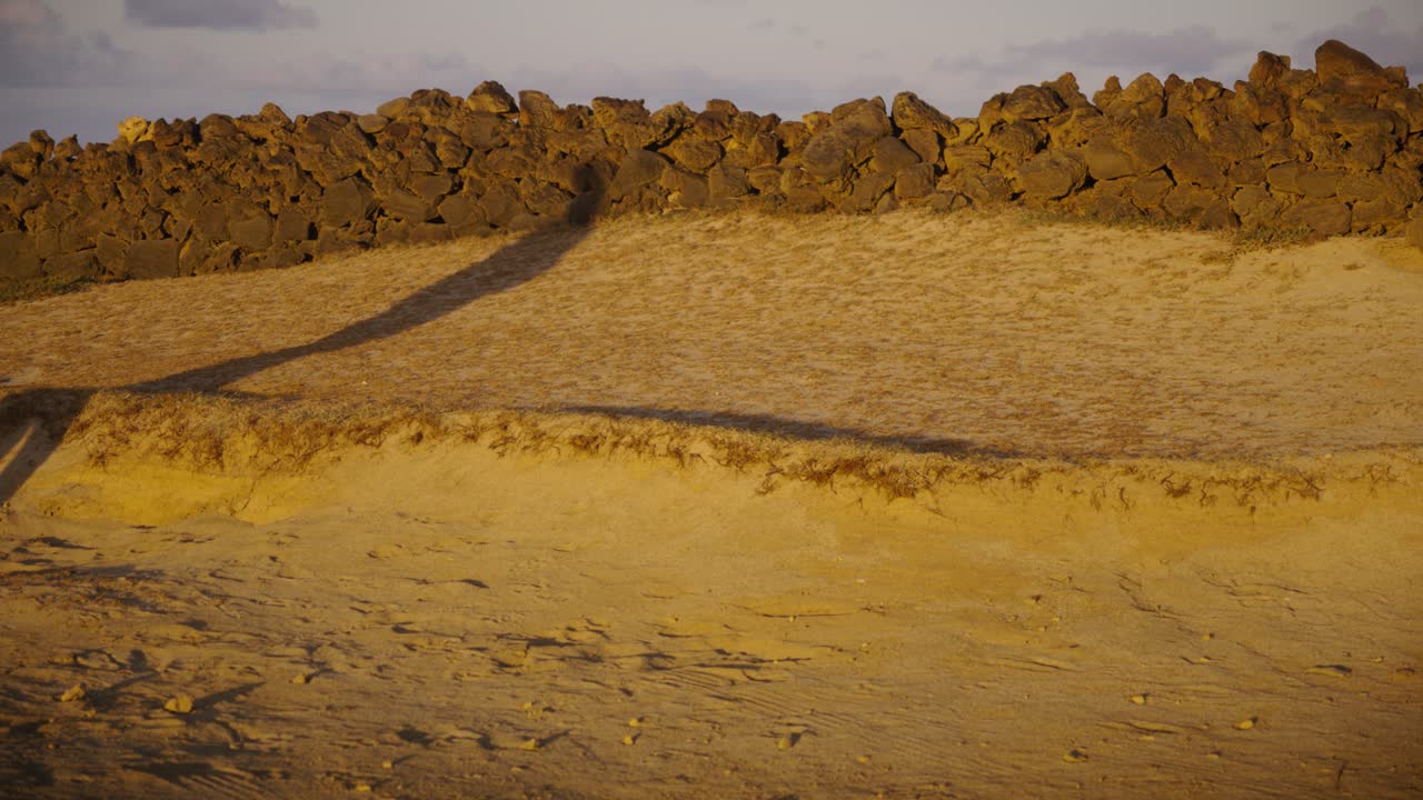 A walking human shadow extends across sandy ground in the golden glow of sunrise, highlighting movement, solitude, and the passage of time in a conceptual frame