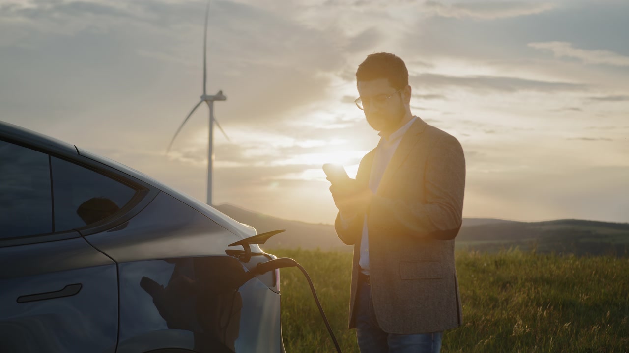 Uomo in completo usa lo smartphone mentre un'auto elettrica si ricarica vicino a turbine eoliche al tramonto