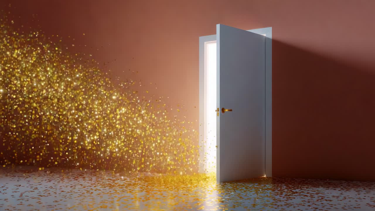A captivating scene unfolds as a pristine white door swings open, revealing a dazzling cascade of golden sparkles flowing across a smooth floor, inviting curiosity and wonder in a beautifully lit space