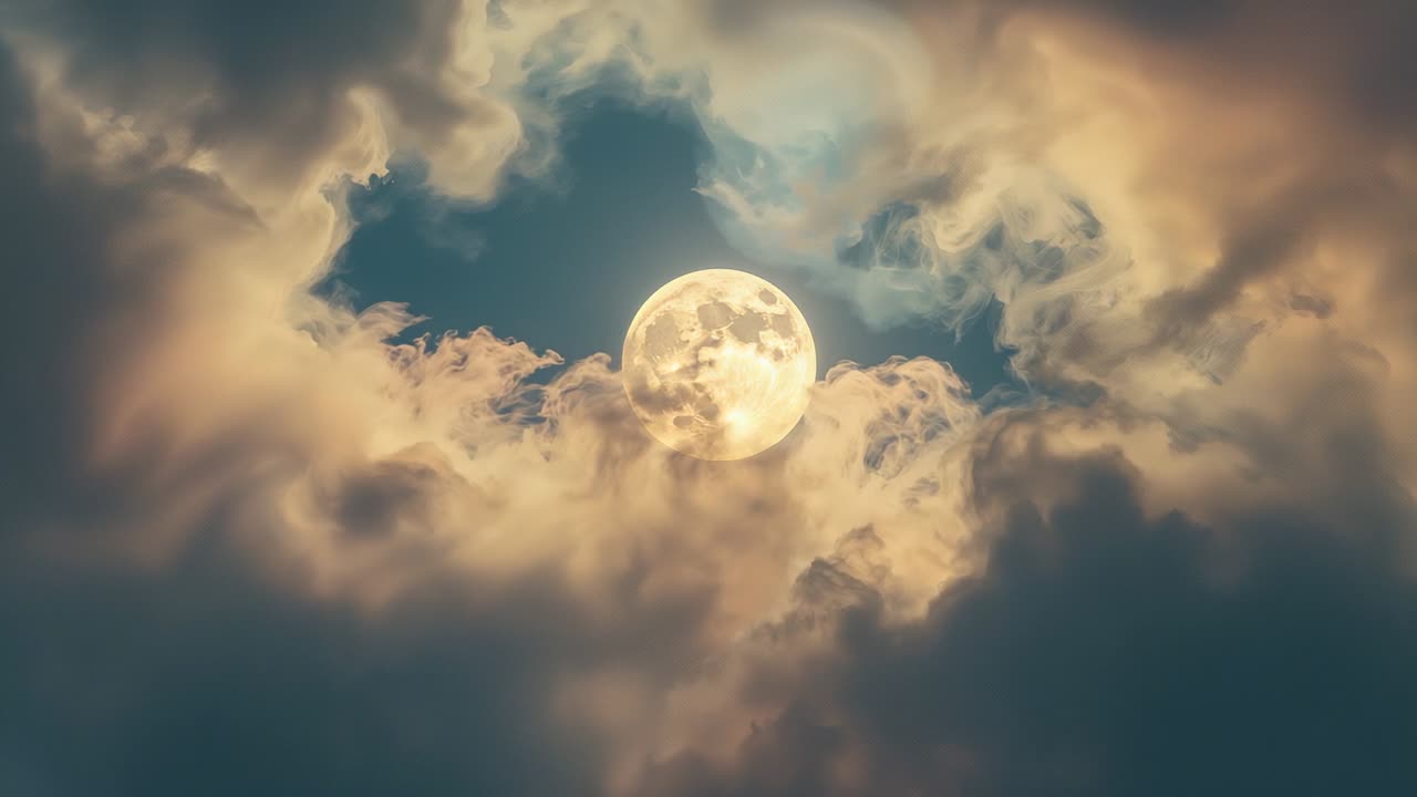 Breeze stirring drifting clouds, revealing full moon in night sky with clouds shining by moonlight