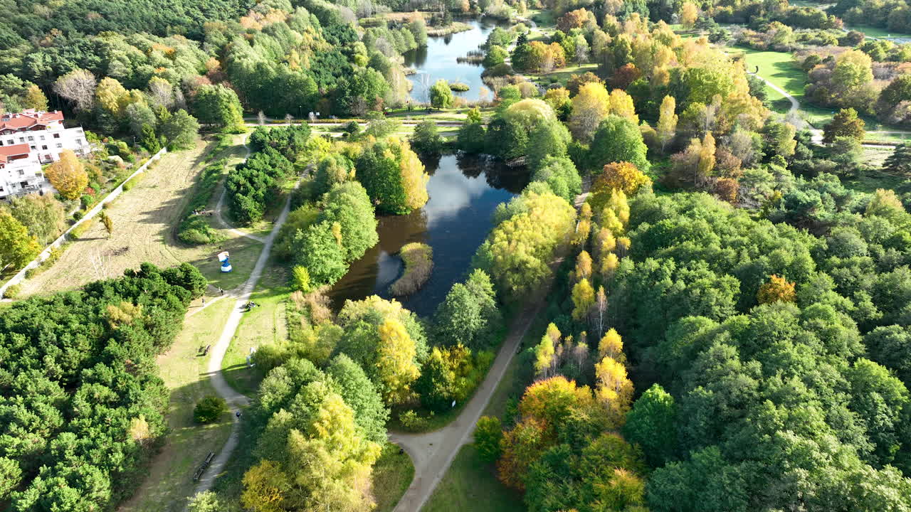 Aerial View of Scenic Lakes and Autumn Forest Landscape in Gdańsk