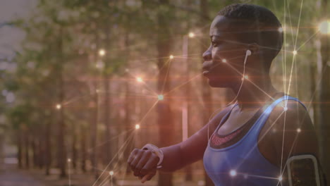 animation of network of connections over woman exercising in forest