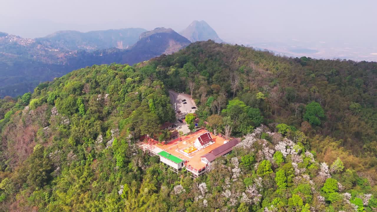 Aerial Buddhist temple Doi Tung, the highest peak of the Doi Nang Non mountain range, Chiang Rai province