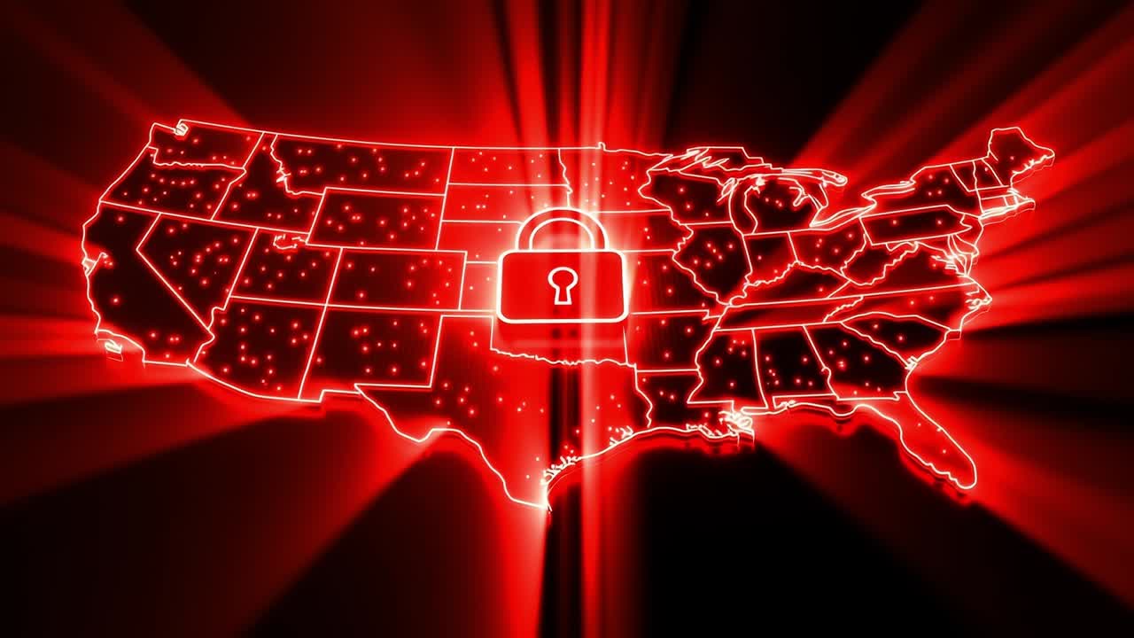US map with digital lock. A red digital map of the U.S. highlights a padlock, symbolizing cybersecurity and data protection.