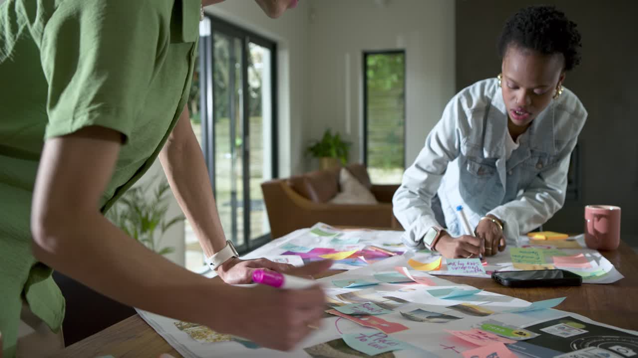 Noticing layout, Diverse coworkers writing on sticky notes, grouping ideas at home for planning