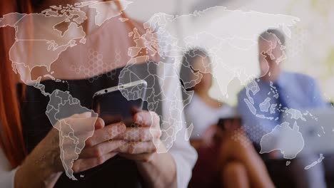 animation of data processing and world map over caucasian woman using smartphone