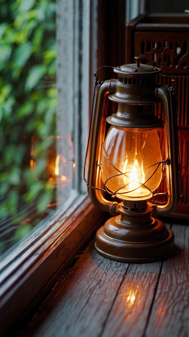 Luce calda da una lanterna vintage su un davanzale rustico