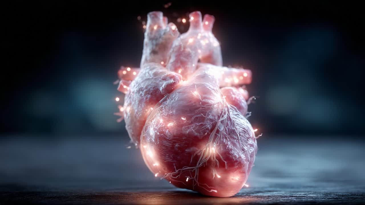 A mesmerizing close-up of an anatomically detailed heart illuminated by glowing lights, showcasing the intricate structure and beauty of this vital organ in a captivating visual display
