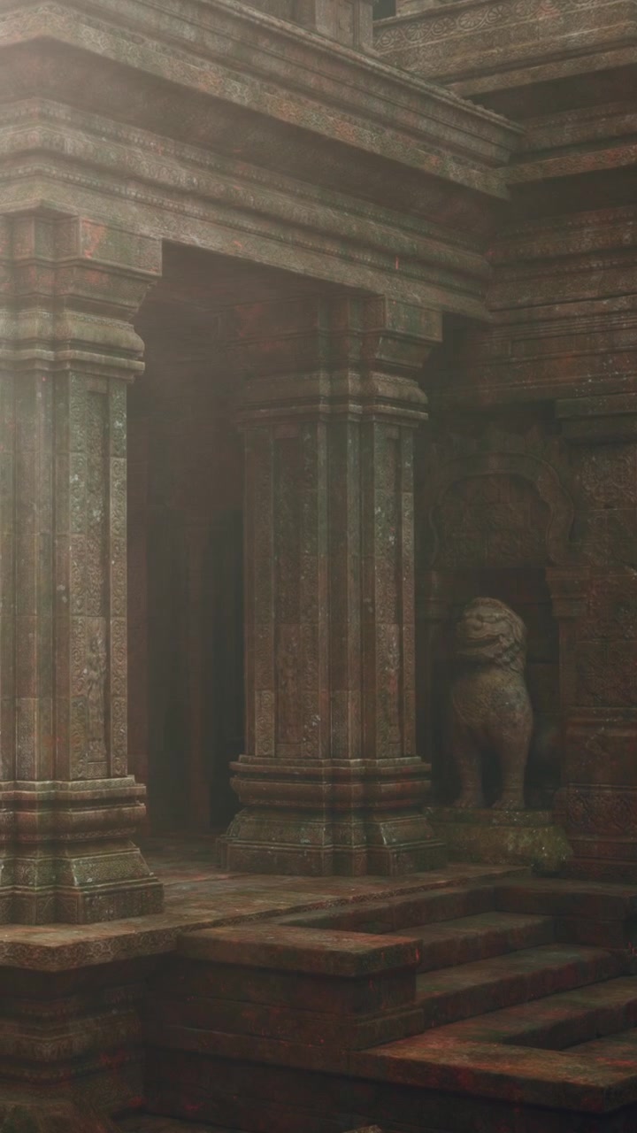 Antico tempio con statua di leone e pilastri di pietra in un'ambientazione nebbiosa