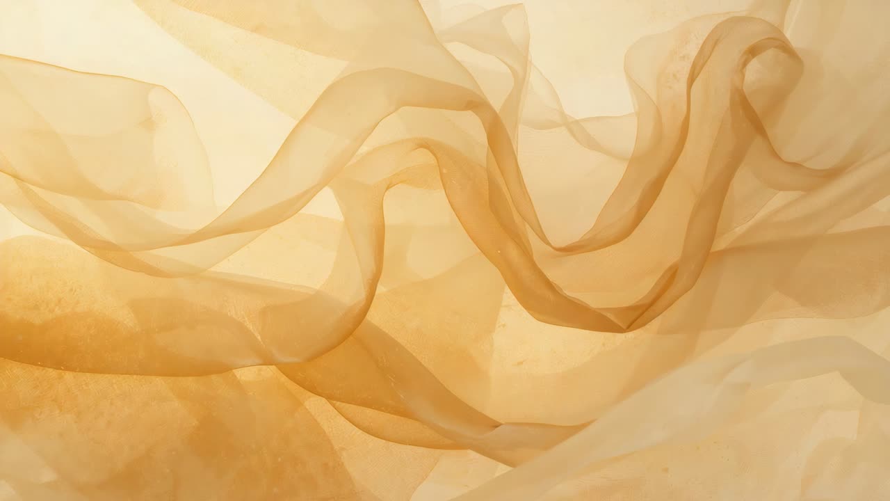 Fluttering large translucent beige fabric shifting in studio with warm backlight, driven by breeze
