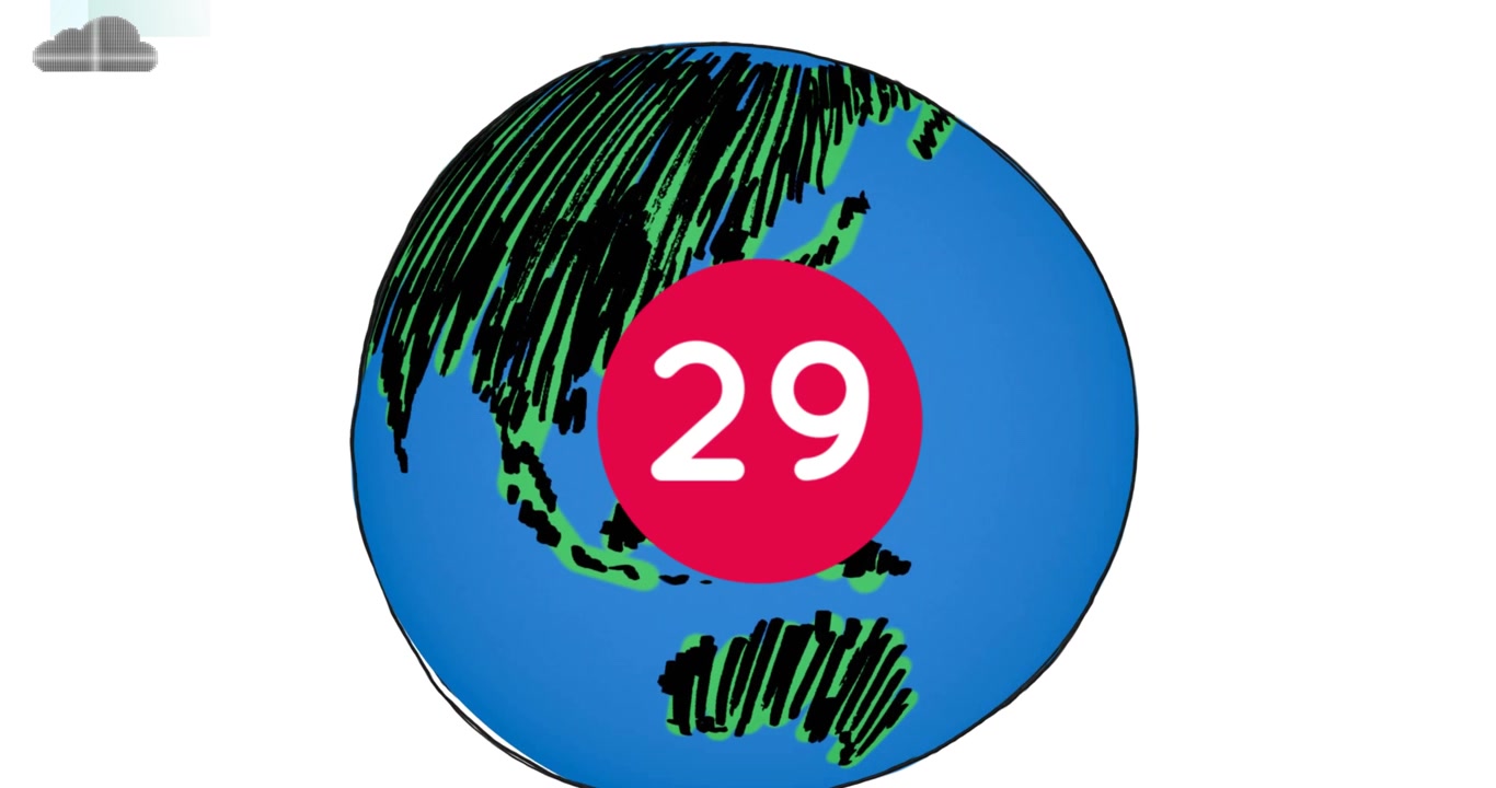 Animazione di globo e numeri su sfondo bianco.