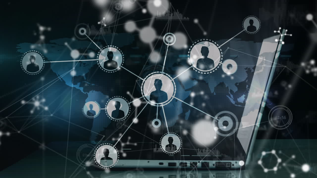 Animation of network of connections with people icons over laptop and world map on blue background