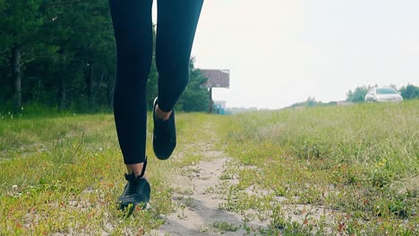 낮은 각도  느린 모토인 어린 소녀는 아침에 스포츠를 위해 소나무 숲을 따라 달린다