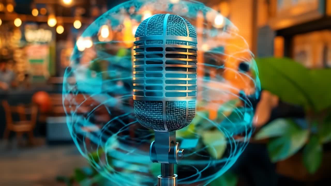 Bright mic set for lively acts. A chrome microphone awaits on stage, surrounded by glowing lights and a relaxed vibe, ready for musical talent.