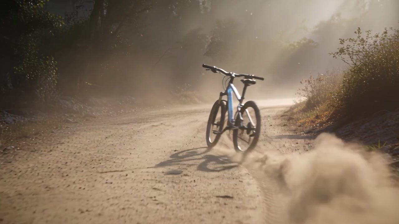 Telecamera in movimento all'indietro, mountain bike che scende lungo un sentiero, sollevando polvere in curva, con tubo obliquo blu a circuito
