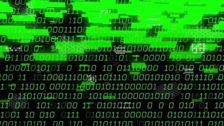 Sorte, funklende grønne binære tal, der danner pulserende søjler og streamer data til virtuel netværksvisning