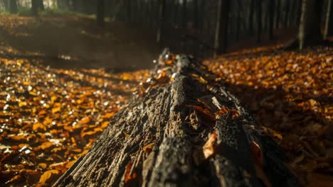 Cinematic-timelapse-of-fog-hovering-over-an-old-fallen-tree-in-a-forest-at-sunrise-golden-hour