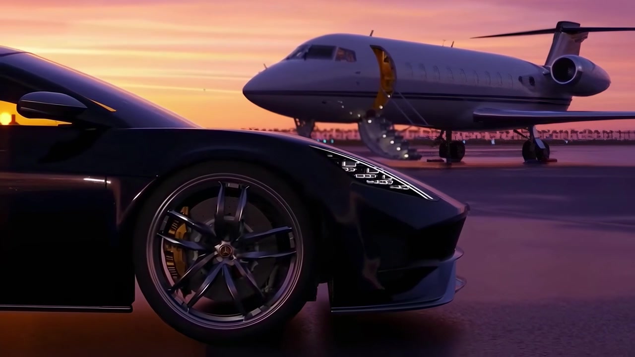Auto sportiva di lusso parcheggiata vicino a un jet privato al tramonto