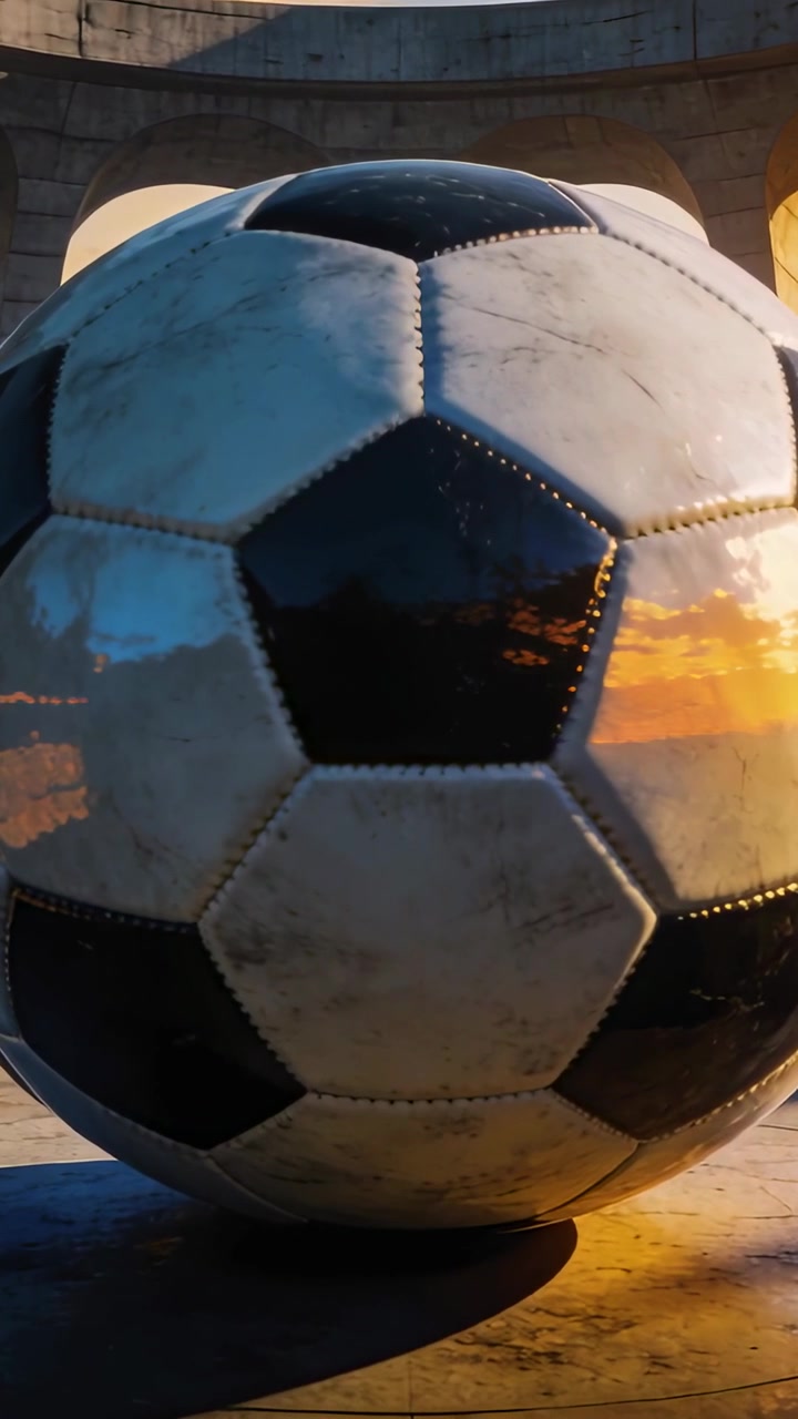 Dikey video: Kamera yükseliyor, kemerlerin yanında taş zeminde dönen futbol topunu gösteriyor, dikişi ortaya çıkıyor