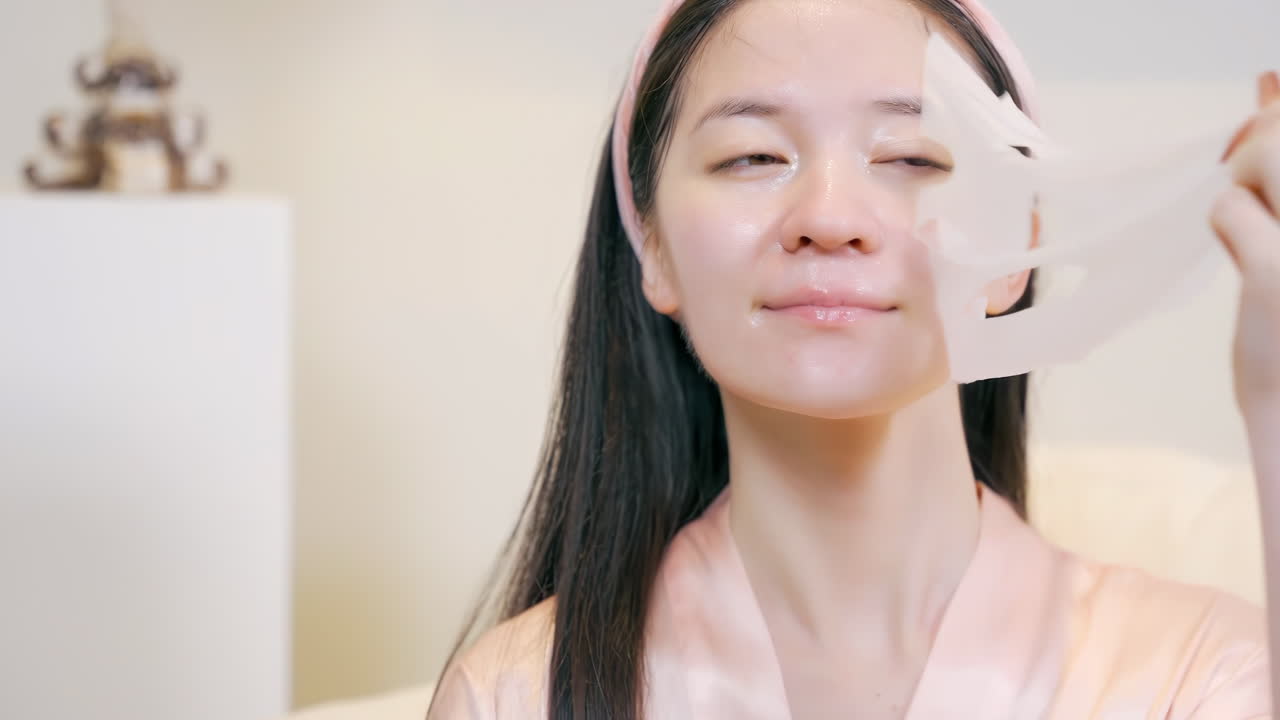 バスローブを着た笑顔の美しい女性が、自宅で顔に化粧品シート保湿マスクを適用している。女性はディープクレンジング、角質除去、肌の若返りのために、透明なローション浸透マスクを慎重に剥がしている。