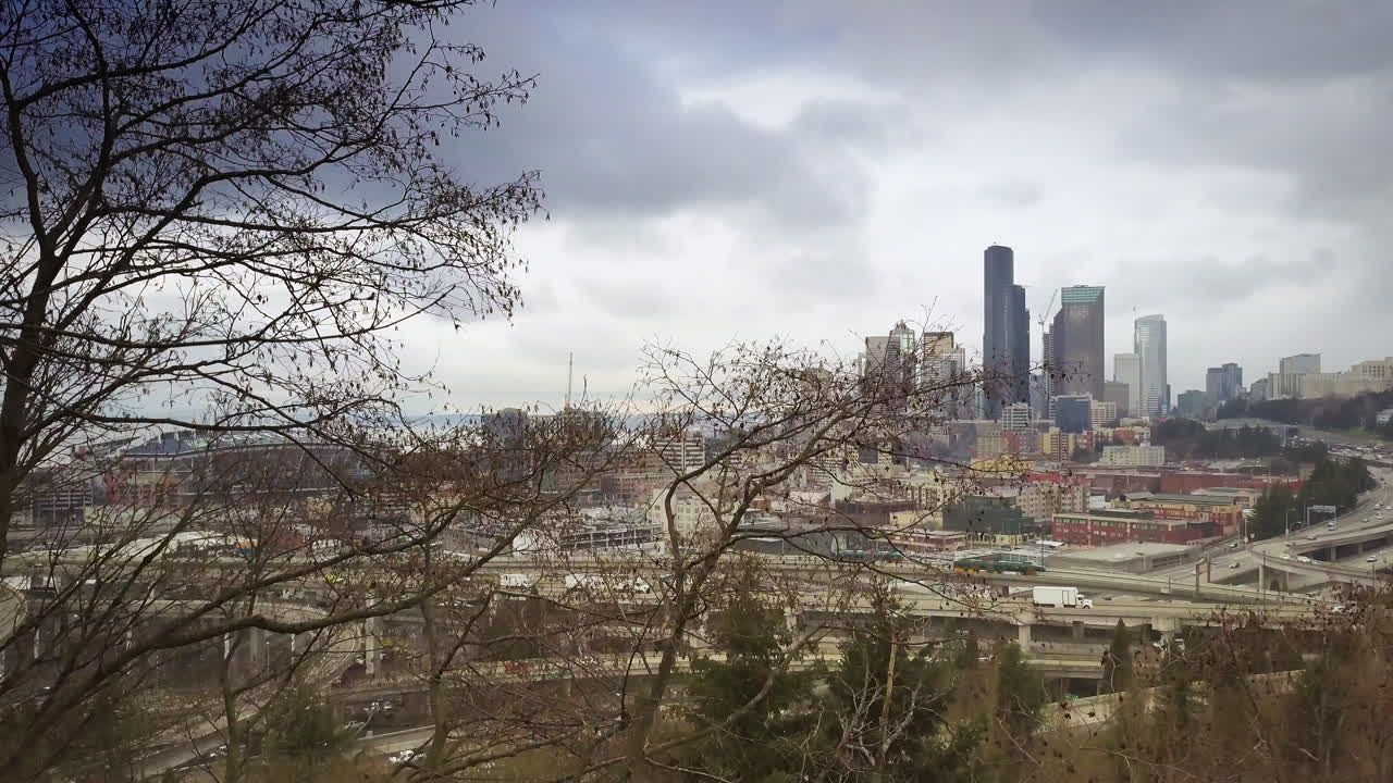 Aerial view of downtown Seattle, Washington with highways.
