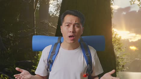 primer plano de un hombre asiático desconcertado excursionista con mochila de montañismo haciendo gestos dudosos y diciendo por qué mientras explora la naturaleza del bosque