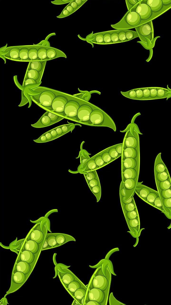 Stylized green pea pods fall continuously against a black background in this vertical loop.
