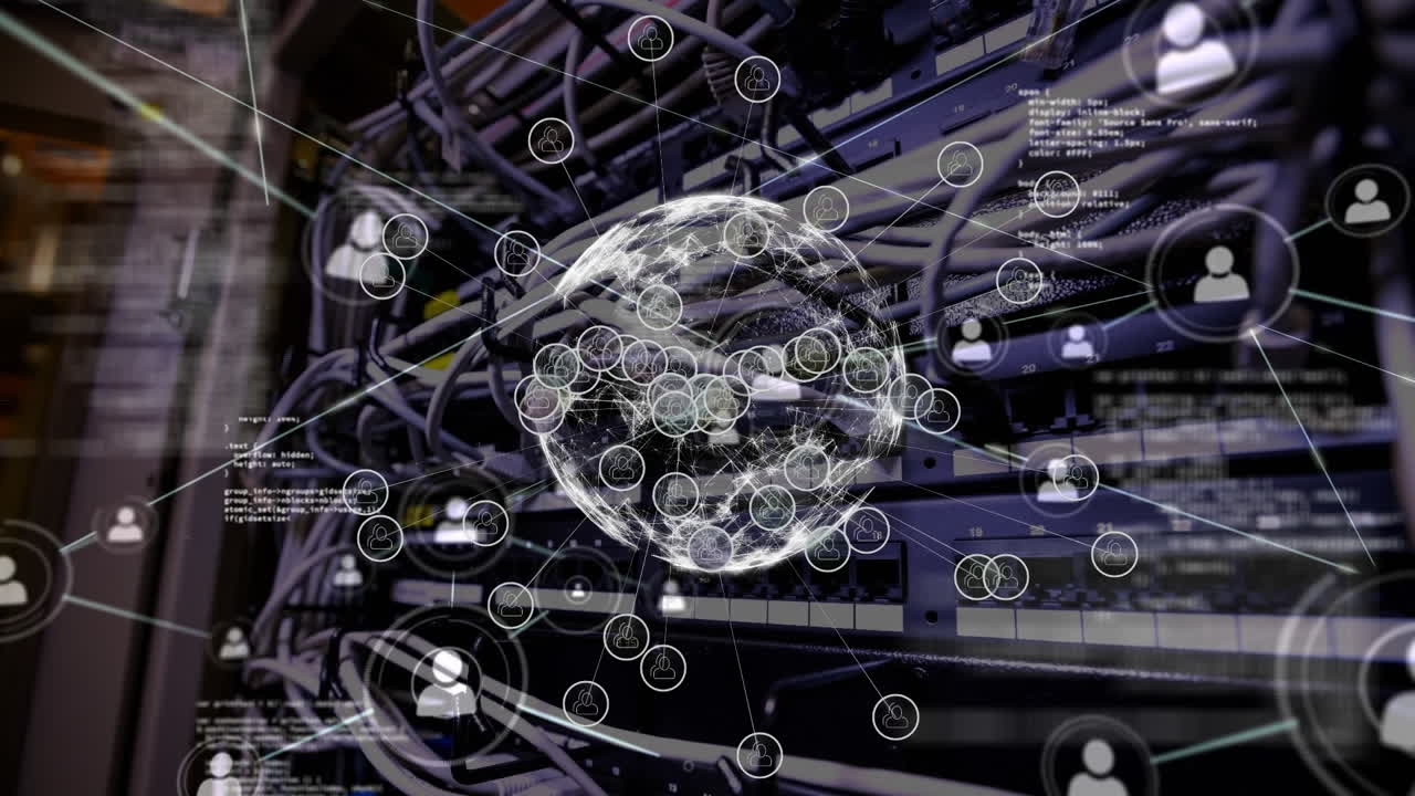 Animation of financial data processing and globe over server room