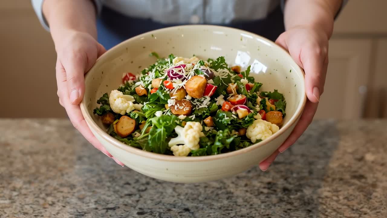 Reagire al suggerimento: cuoco con camicia blu e grembiule scuro che tiene una ciotola maculata in cucina, mentre offre un'insalata