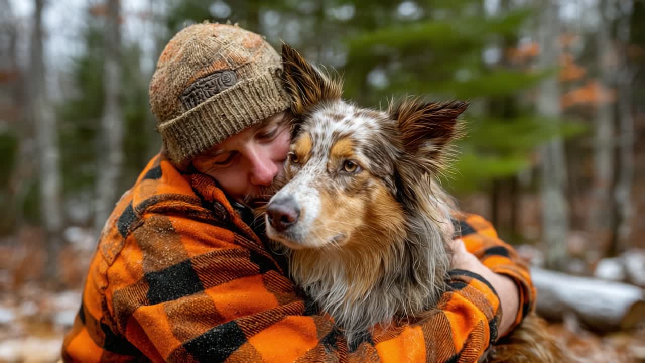 A Heartwarming Moment: A Man Comforts His Loyal Dog in a Cozy Autumn Forest Setting, Showcasing the Bond Between Human and Canine in Nature's Embrace
