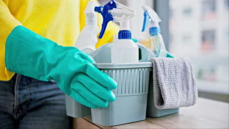 cleaner, hands and person with basket of chemical