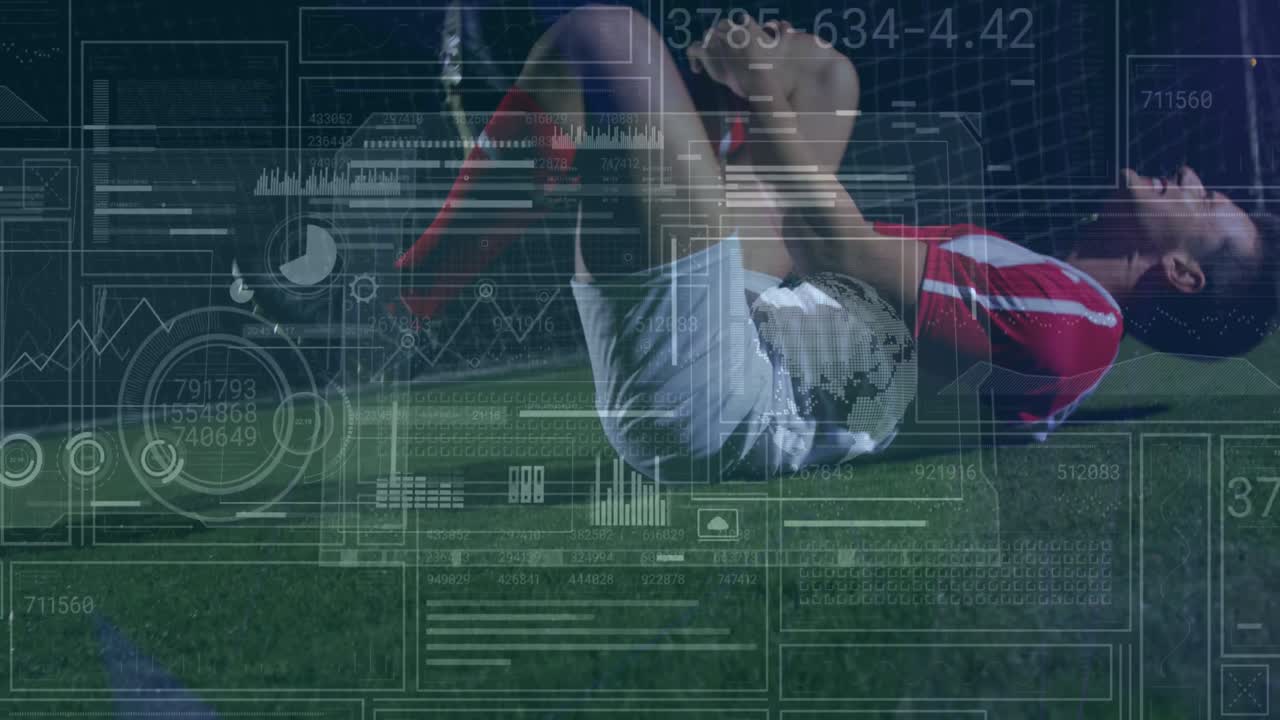 경기장에서 부상을 입은 두 인종의 축구 선수에 대한 스 ⁇  스캐닝과 데이터 처리 애니메이션