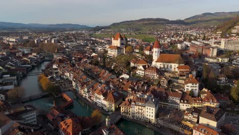 historic thun old town center in switzerland on river aare waterfront